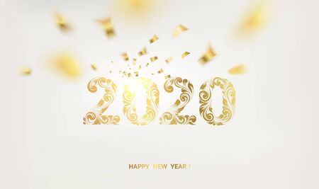 Happy new year card over gray background with golden confetti. Happy new year 2020. Holiday card. Template for your design. Vector illustration.のイラスト素材
