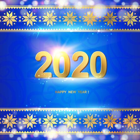 2020 year calendar design template. Holiday label with numbers over blue backdrop with ornamental border. Vector illustration.のイラスト素材