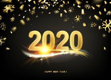 2020 New year background. Holiday label with fallen golden glitter confetti over black backdrop. Calendar design template.のイラスト素材