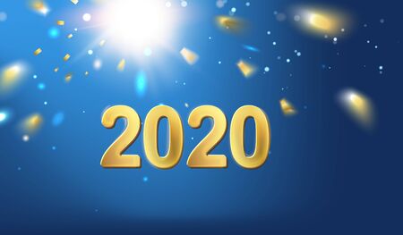 2020 New year background. Holiday label with fallen golden glitter confetti over blue backdrop. Calendar design template.のイラスト素材