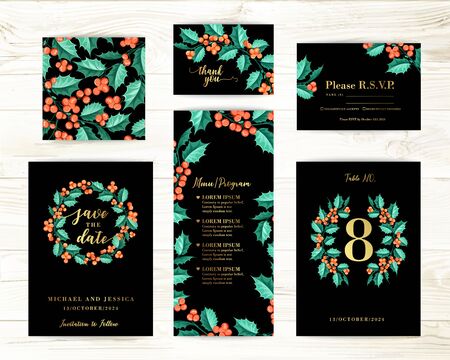 Bundle of Save The Date and RSVP Invitation Card. Invitation card with mistletoe background. Set of Floral templates with christmas flowers.のイラスト素材