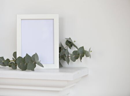 Empty white frame photo mockup template. Eucalyptus leaves in closeup isolated over white wall.