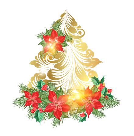 Holiday fir tree with poinsettia flower decor. Vector illustration.のイラスト素材