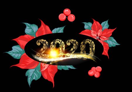 Christmas party template made of poinsettia leaves and mistletoe berries hand drawn on black background and 2020 sign. Vector illustration.のイラスト素材