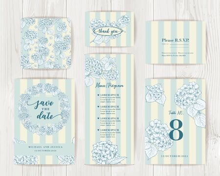 Bundle of Save The Date and RSVP Invitation Card. Coctail party invitation card with blue flowers of hydrangea on tile background. Set of Floral vertical templates with garden blooming flowersのイラスト素材