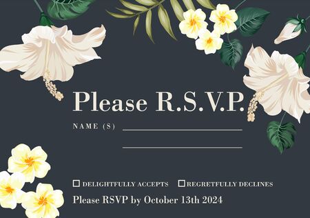 Wedding invitation with tropical flowers of plumeria, white hibiscus and palm leaves on grayのイラスト素材