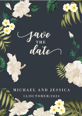 Wedding invitation with tropical flowers of plumeria, white hibiscus and palm leaves on grayのイラスト素材