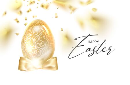Easter egg with curves of ribbon confetti. Golden confetti egg on the white background. Holiday card. Template for your design. Vector illustration.のイラスト素材