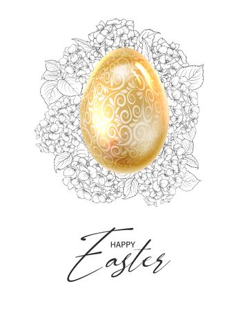 Blooming hydragea flowers around golden easter egg with curves of calligraphic text. Holiday card on the white background. Template for your design. Vector illustration.のイラスト素材