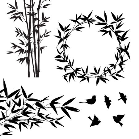 Set of tropical bamboo elements. Collection of palm leaves on a white background. Vector illustration bundle.のイラスト素材