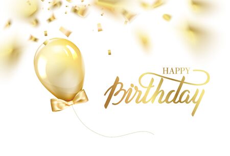 Happy birthday card template with golden foil confetti and glitter gold balloons. Hand drawn invitation. Colligaphic text birthday isolated over white. Vector illustration.のイラスト素材