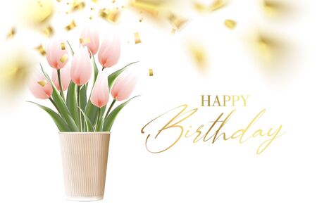 Happy birthday card template with golden confetti background. Hand drawn tulips. Tulip bouquet in paper cup vase isolated over white. Vector illustration.のイラスト素材