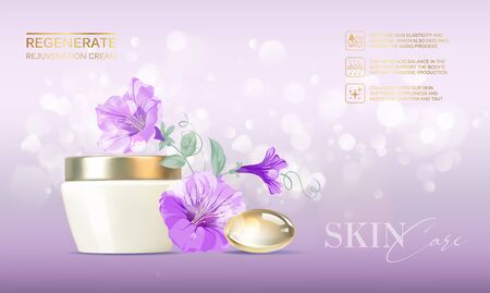 Jar of cream on bokeh background and flowers of bluebell. Regenerate face cream and Vitamin complex concept. Moisturizer with Vitamins and Regenerate Cream. Vector illustrationのイラスト素材