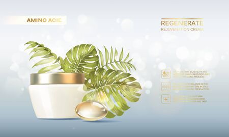 Bottle for cosmetic lotion and jar of cream. Regenerate cream for hands, white bottle over blue background with tropical palm leaves composition. Vector illustration.のイラスト素材