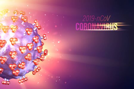 Computer model of Coronavirus bacteria in futuristic rays over violet background and flow particles. Disease similar to flu. 3d model of virus 19-nCov. Stay home to reduce your risk of Severe Illness.のイラスト素材