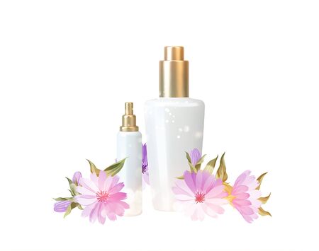 Women care cosmetic in beautiful bottles isolated over whiteのイラスト素材