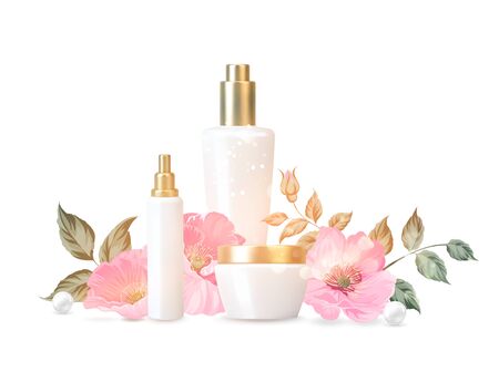 Women care cosmetic in beautiful bottles isolated over whiteのイラスト素材