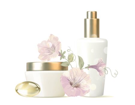 Women care cosmetic in beautiful bottles isolated over whiteのイラスト素材