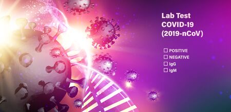 Model of Coronavirus in futuristic red rays over dark  and dna molecule.のイラスト素材