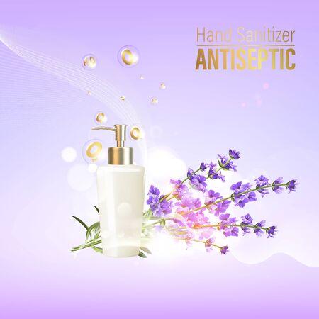 Bottle of antiseptic gel over violet lavender flowers on purpleのイラスト素材