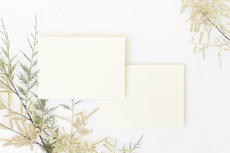 Mockup of white papers and envelope with Tropical palm leaf on gray background, and text space at center. Top view flatlay.の写真素材
