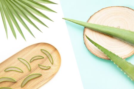 Composition with aloe vera flat lay concept. Natural skin care cosmetic for the body and faceの写真素材