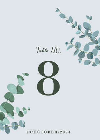 Wedding table number card with eucalyptus leaves. Rustic style with place for your textのイラスト素材