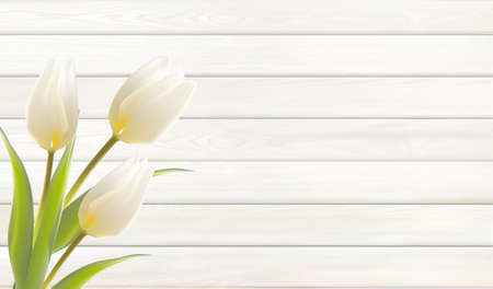 Flower background for your design. Wedding flowers bundle. Tulip leaves on wooden background with empty spaceのイラスト素材
