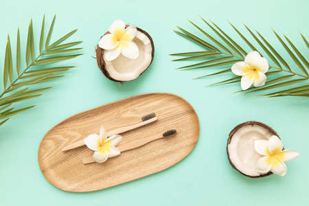Natural toothbrush on wood. Tropical leaf monstera and coconut on pastel flower background. Zero...