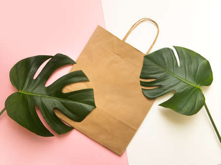 Mockup paper tote bag on summer background. Tropical template for artworkの写真素材