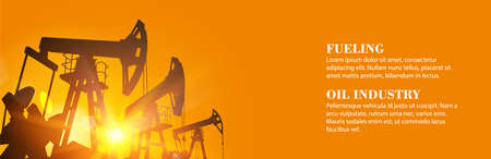 Dark silhouette of drilling rig and pump during sunsetのイラスト素材