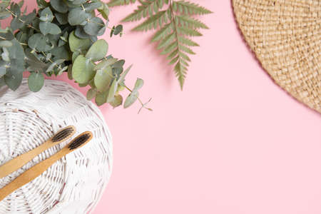 Bamboo toothbrush and leaves of eucalyptus on pink background.の写真素材