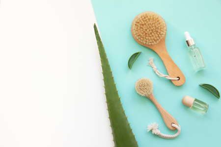 Organic oil aloe vera with drybrushing. Bottle essential oil.の写真素材