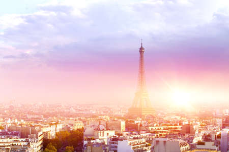 View of Eiffel Tower at sunrise in Paris, France.の写真素材