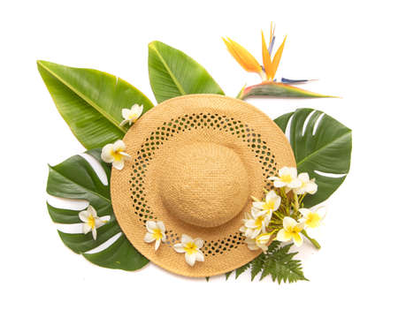 Tropical palm tree leaf and hat on a white background. Flower in composition with monstera leaves. Vibrant minimal fashion conceptの写真素材
