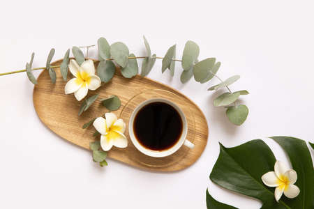 Cup of black coffee with fresh tropical leaves.の写真素材