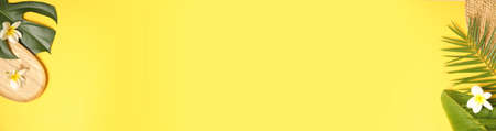 Summer background with palm leaves on yellowの写真素材