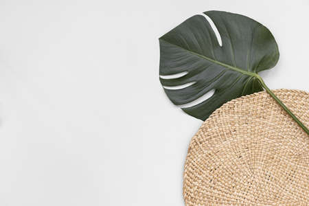 Top view tropical leaves on vibrant background. Summer flat lay composition.の写真素材