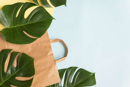 Flat Lay shopping concept with paper bag and tropical leaves.の写真素材