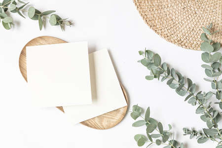 Styled summer wedding desktop stationery mockup. Blank greeting and invitation card. Green tropical leaves with empty space.の写真素材