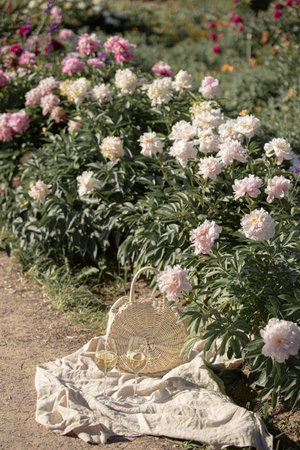 Romantic picnic on the lawn with peonies.の写真素材