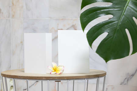 Styled summer wedding desktop stationery mockup. Blank greeting and invitation card. Green tropical leaves with empty space.の写真素材