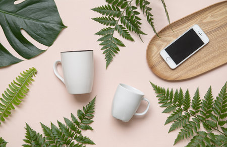 Tropical mockup white cup. Styled summer concept.の写真素材