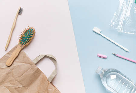 Eco-friendly bath essentials vs non-eco accessories.の写真素材