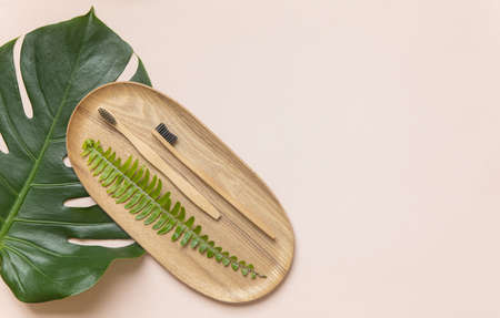 Bamboo toothbrush on a table with copy space on a pink background. Styled composition of flat lay with tropical leaves.の写真素材