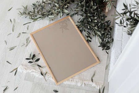 Mock up poster frame in modern interior. Scandinavian home design.の写真素材