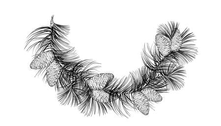 Vector sketch the frames in black and white backgrounds. Christmas illustration of spruce branches and cones.のイラスト素材