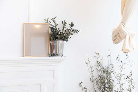 Mock up poster frame in modern interior. Scandinavian home design.の写真素材