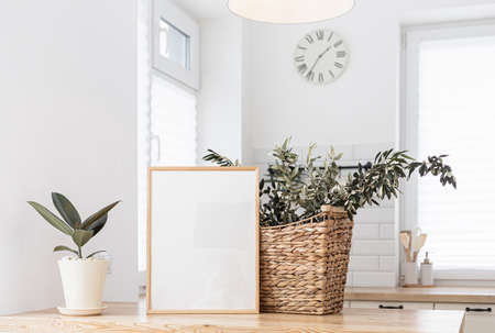 Mock up frame in kitchen interior background. Scandinavian home design.の写真素材
