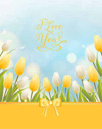 Wedding card with yellow tulips on a light background. Invitation card with 3d vector flowers.のイラスト素材